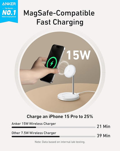 Anker MagSafe Compatible MagGo Charger Stand, iPhone 17 Wireless Charger, 2-in-1 Charging Station, Qi2 Certified 15W Fast Charging, for iPhone 17/16/15/14/13/12, AirPods Pro (40W Adapter Included)