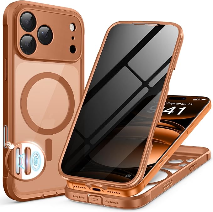 BERFY for iPhone 17 Pro Case, Compatible with MagSafe, Built-in Privacy Screen Protector, Camera Protection, Shockproof Full Body Phone Case 6.3", Clear Dark Orange