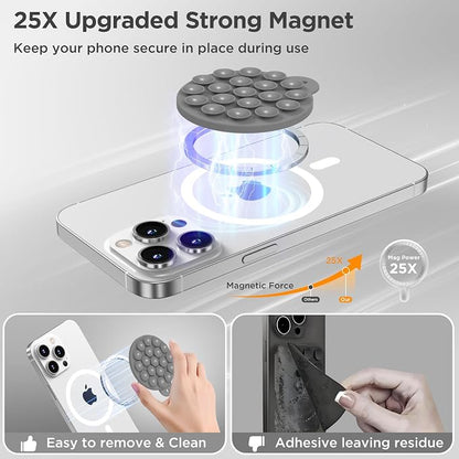Magnetic Suction Cup Phone Mount with MagSafe, Silicone Hands-Free Grip Holder for iPhone Case and Android, Mirror Shower Phone Stand for Makeup FaceTime Gym Kitchen Bathroom, Gray