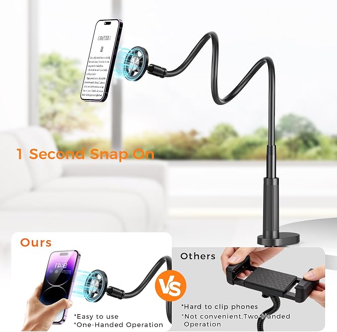 Magnetic Phone Holder for Bed Laying Down with Page Turner, Gooseneck Cell Phone Stand with Reading Clicker, 360°Flexible Long Arm Mount with Wireless Scrolling Ring for Titok iPhone Android.