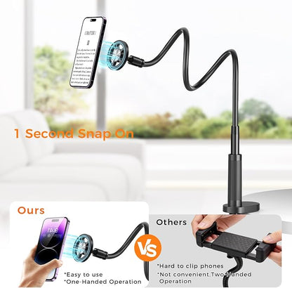 Magnetic Phone Holder for Bed Laying Down with Page Turner, Gooseneck Cell Phone Stand with Reading Clicker, 360°Flexible Long Arm Mount with Wireless Scrolling Ring for Titok iPhone Android.