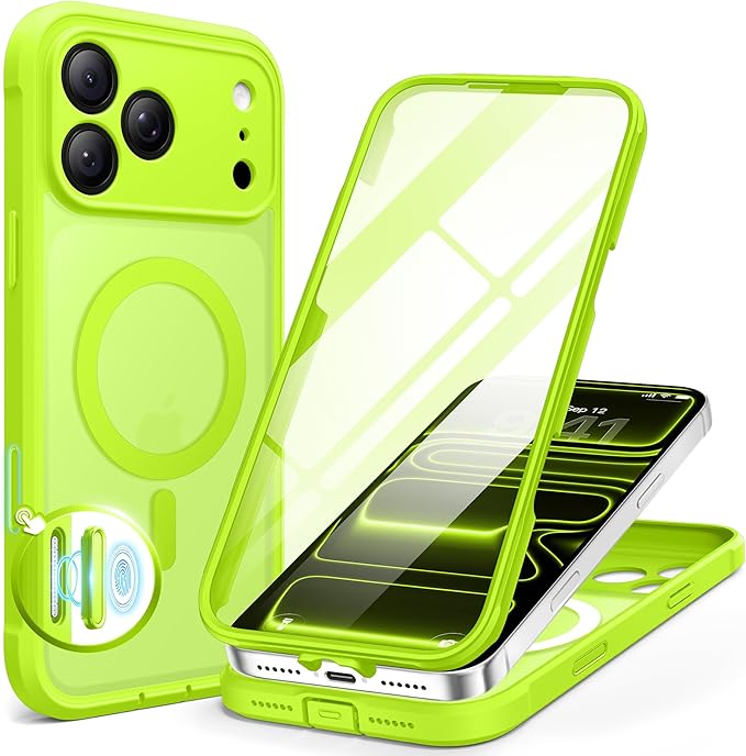 BERFY for iPhone 17 Pro Case, Compatible with MagSafe, Built-in Glass Screen Protector, Camera Protection, Shockproof Full Body Phone case 6.3", Translucent Bright Green