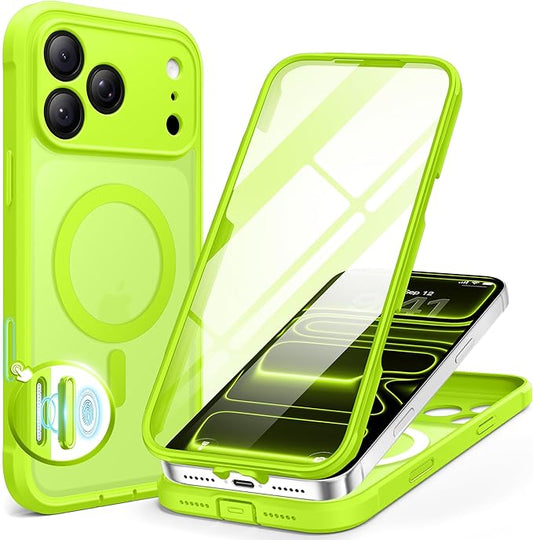 BERFY for iPhone 17 Pro Case, Compatible with MagSafe, Built-in Glass Screen Protector, Camera Protection, Shockproof Full Body Phone case 6.3", Translucent Bright Green