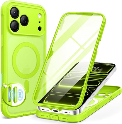 BERFY for iPhone 17 Pro Max Case, Compatible with MagSafe, Built-in Glass Screen Protector, Camera Protection, Shockproof Full Body Phone case 6.9", Translucent Bright Green