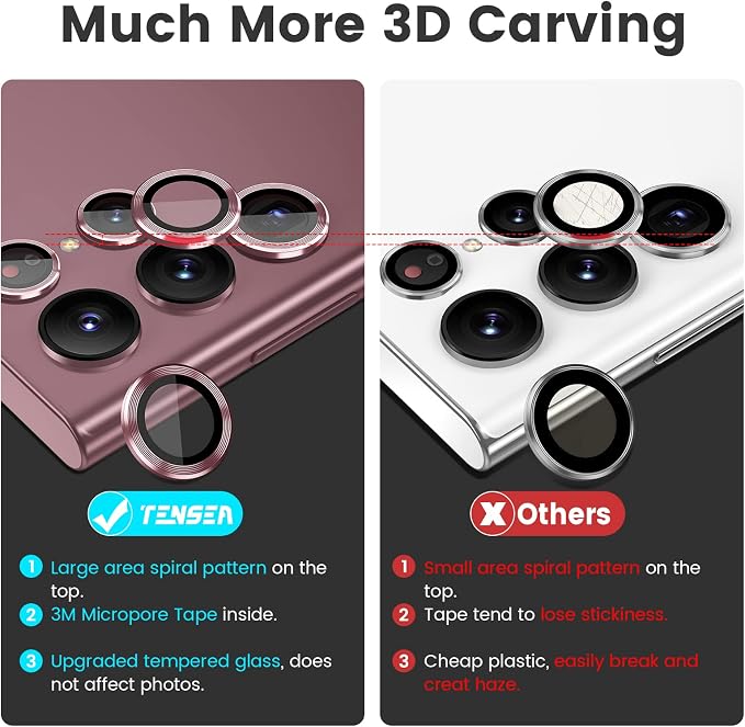 Tensea [3+2PCS for Samsung Galaxy S22 Ultra Camera Lens Protector, 9H Tempered Glass Camera Cover Screen Protector Metal Individual Ring, S22 Ultra 5G 2022 [Installation Tray][Removal tool]-Burgundy