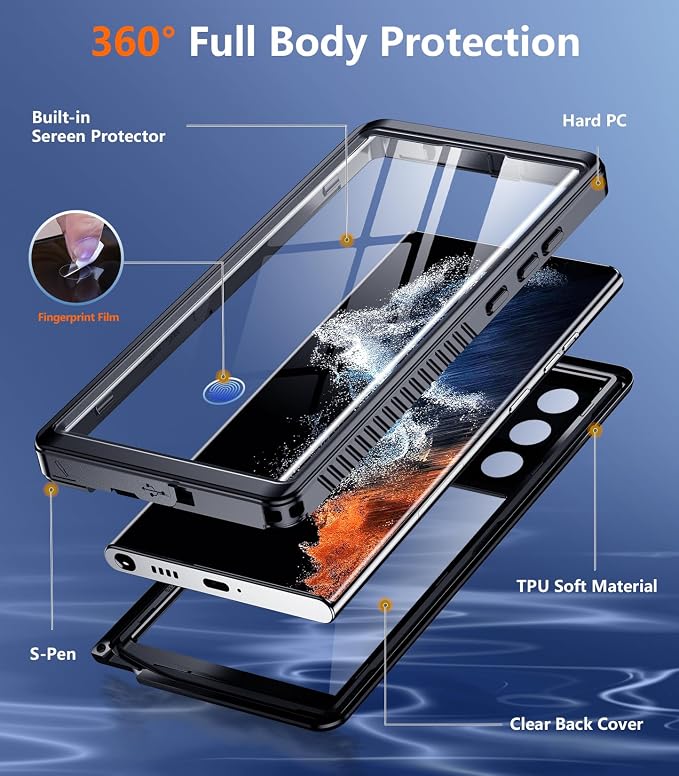 Temdan for Samsung Galaxy S22 Ultra Case,Waterproof Built-in Lens & Screen Protector[Full Body Shockproof][12 FT Military Drop Proof][IP68 Underwater] Case for S22 Ultra 5G 6.8”-Black