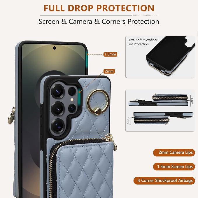 Keallce Case for Samsung Galaxy S26 Ultra 6.9'' Wallet Case,Crossbody Zipper Purse Wrist Strap Lanyard Handbag,RFID Blocking Card Slots,Flip Leather Cover for Samsung S26 Ultra,Blue