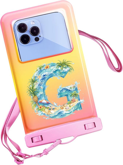 Personalized Initial Waterproof Phone Pouch Case - IPX8 Cellphone Dry Bag with Lanyard for iPhone 16/15/14/13/12 Pro Max (6.1–6.9"), Beach & Cruise Ship Essentials with Monogrammed Design (Pink, G)