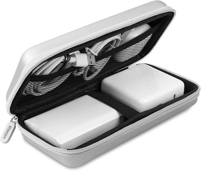 iMangoo Travel Essential Electronics Organizer Pouch Charger Case Shockproof Dual Zipper Power Bank Cables Tech Accessories Purse, Men & Women Travel Must Have Storage Bag, 8.5x4.5x2 inch Silver