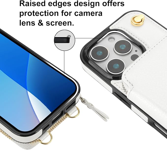 Bocasal Crossbody Wallet Case for iPhone 16 Pro, RFID Blocking Leather Purse Case with Card Holder, Protective Handbag Flip Cover with Zipper Wrist Strap Lanyard for Women 5G 6.3 Inch (White)