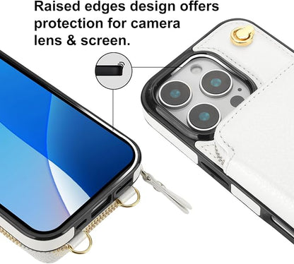 Bocasal Crossbody Wallet Case for iPhone 16 Pro, RFID Blocking Leather Purse Case with Card Holder, Protective Handbag Flip Cover with Zipper Wrist Strap Lanyard for Women 5G 6.3 Inch (White)