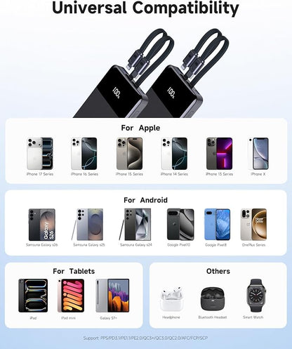 Portable Charger, 10000mAh Power Bank 22.5W PD, Built-in Cables for iPhone | Built-in Lightning & USB-C cables, 22.5W fast output, 18W input, charge 4 devices at once, compact design, 18-month warranty.