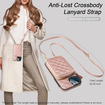 Bocasal Crossbody Wallet Case for iPhone 13 Pro Max, RFID Blocking PU Leather Zipper Handbag Purse Flip Cover, Kickstand Folio Case with Card Slots Holder Wrist Strap Lanyard 5G 6.7 Inch (Rose Gold)
