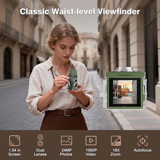 Mini Retro TLR Digital Camera, Portable 24MP 1080P FHD Vintage Point and Shoot Pocket Travel Camera with Twin Lens, Autofocus, 16X Digital Zoom, 16GB Card, for Beginners, Teens & Adults - Green