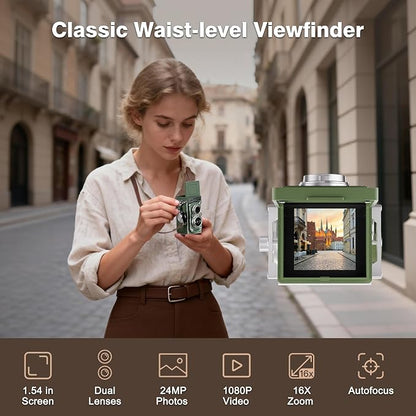 Mini Retro TLR Digital Camera, Portable 24MP 1080P FHD Vintage Point and Shoot Pocket Travel Camera with Twin Lens, Autofocus, 16X Digital Zoom, 16GB Card, for Beginners, Teens & Adults - Green