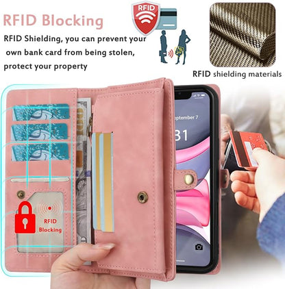 for Wallet Case Compatible with iPhone 11,Multi-Function Detachable 2 in 1 Magnetic iPhone 11 Case Wallet,Flip Strap Zipper Card Holder Phone Case with Shoulder Straps (Pink)