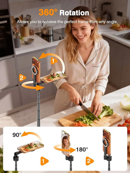 for Mag Safe Tripod for iPhone, 360° Rotating Head for Front & Rear Shooting, 65” Selfie Stick for iPhone Android with Remote & Metal Ring, Magnetic Phone Tripod Stand for Video Recording Travel
