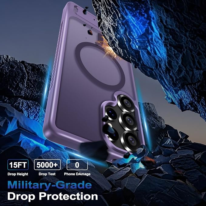 for Samsung Galaxy S25 Ultra Case with Screen Protector+Lanyard Wrist Strap,Magnetic Translucent Matte Rugged Slim Phone Cover Built in Invisible Kickstand [Fit for MagSafe],2025 Purple