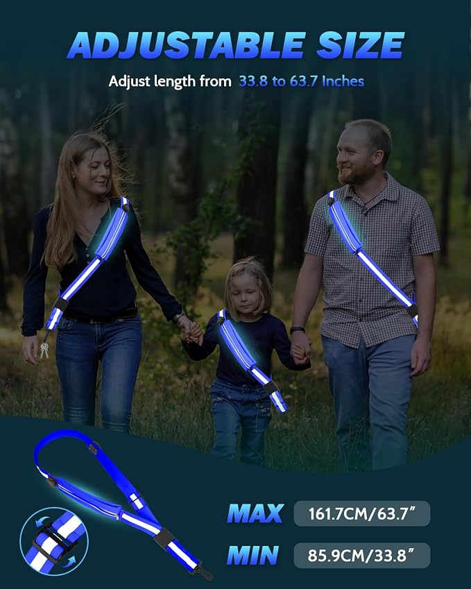 Fitense LED Reflective Belt Sash - 5 Lights Colors & 3 Light Modes High Visibility Night Safety Belt, Rechargeable Light Up Running Gear Adjustable Vest Straps for Runners Walkers Men Women