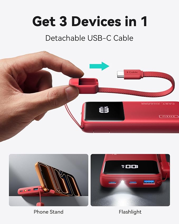 INIU Ultra Compact Power Bank, 10000mAh 45W Fast Charging Portable Charger with Detachable USB-C Cable & Stand, Flight-Safe Travel Battery Pack for iPhone, Samsung, Xiaomi, iPad, for Girls, Red