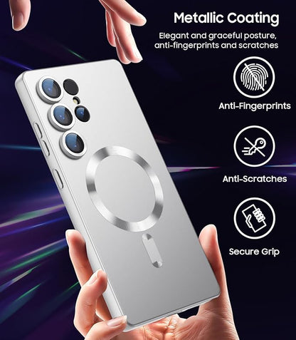 Magnetic for Samsung Galaxy S25 Ultra Case [Compatible with MagSafe][Built-in Camera Lens Protector] Slim Soft Silicone Bumper Shockproof Metallic Luster Phone Shell (Silver)
