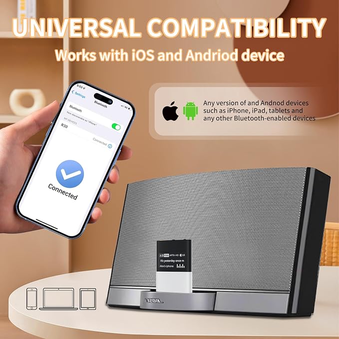 Bluetooth Adapter Receiver for Bose iPod Sounddock and 30 pin Music Docking Station with OLED Display, 3.5mm AUX