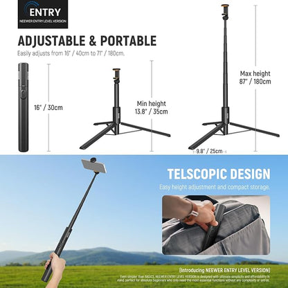 NEEWER Entry Level Version 16-71" Selfie Stick Tripod Compatible with iPhone Android, Portable Cell Phone Travel Stand Camera Holder with Remote for TikTok Video Recording Streaming Filming, PA988