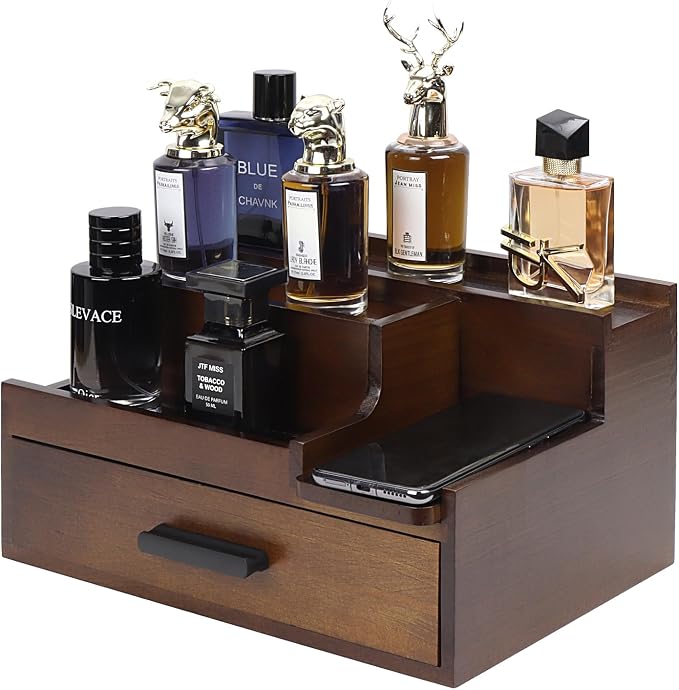 Butizone Cologne Organizer for Men, 3 Tier Perfume Stand Holder with Drawer and Hidden Compartment, Cologne Display Shelf for Dresser, Great Gift for Man/Father, Deep Brown