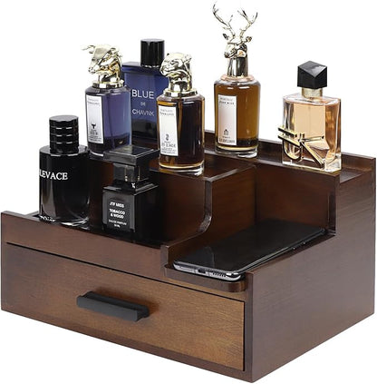 Butizone Cologne Organizer for Men, 3 Tier Perfume Stand Holder with Drawer and Hidden Compartment, Cologne Display Shelf for Dresser, Great Gift for Man/Father, Deep Brown