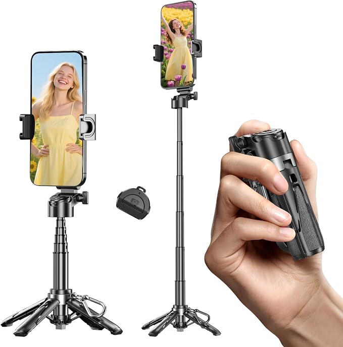 Selfie Sticks for iPhone, 4-in-1 Multi-Functional Phone Tripod with Remote Control, Pocket-Sized Mini Selfie Stick, Suitable for Photography, Live Streaming, Outdoor Travel Essentials