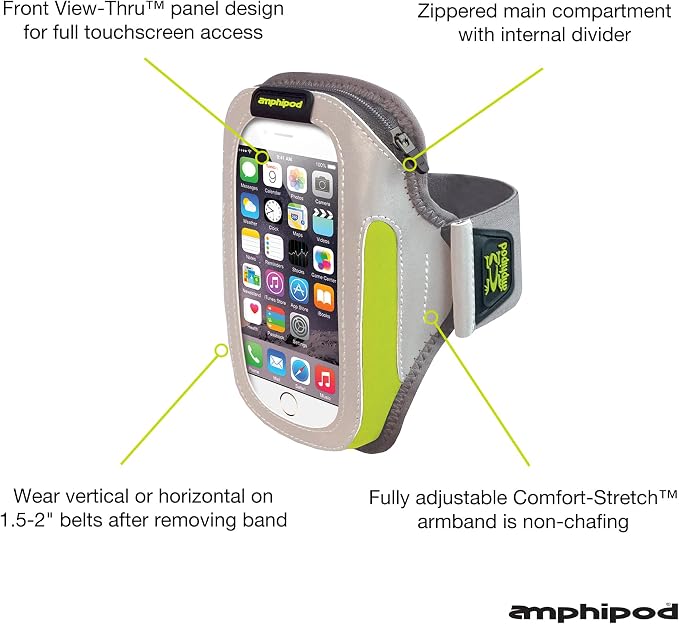 Amphipod ArmPod SmartView Sumo Armband, Reflective Arm or Belt Cell Phone Accessory with Zip Storage for Running & Walking - Silver/Hi-Viz - XL