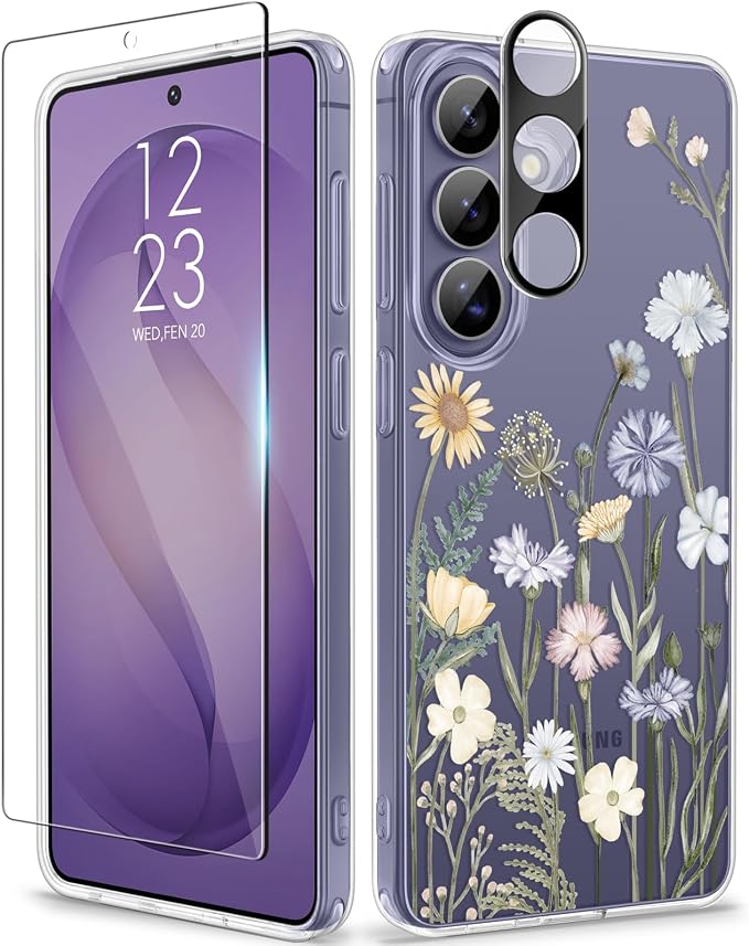 GVIEWIN for Samsung Galaxy S26 Plus Case, Clear Floral Slim Shockproof Protective Women Phone Case, Non-Yellowing, with Screen Protector&Camera Lens Protector for S26 Plus 6.7", Vibrant Spring