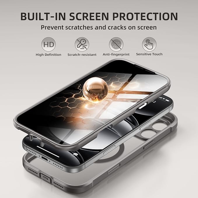 BERFY for iPhone 17 Pro Case, Compatible with MagSafe, Built-in Privacy Screen Protector, Camera Protection, Shockproof Full Body Phone Case 6.3", Clear Grey