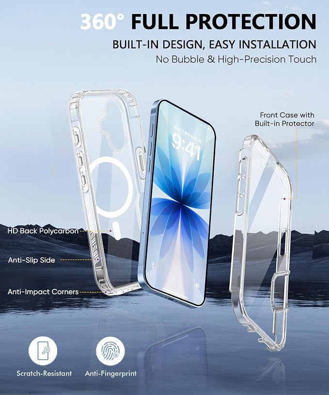 Compatible with iPhone 17 Case Clear, Built-in Screen Protector, [Compatible with MagSafe] Full Body Rugged Phone Case, Shockproof Protective Magnetic Cover for iphone17 6.3" (Clear)