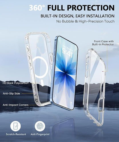 Compatible with iPhone 17 Case Clear, Built-in Screen Protector, [Compatible with MagSafe] Full Body Rugged Phone Case, Shockproof Protective Magnetic Cover for iphone17 6.3" (Clear)