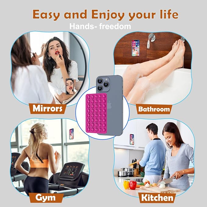 Double Sided Silicone Suction Phone Holder Mount, Silicon Accessory for iPhone and Android, Hands-Free Mirror Shower Phone Holder, TikTok Videos and Selfies (Blue+Rose Red)