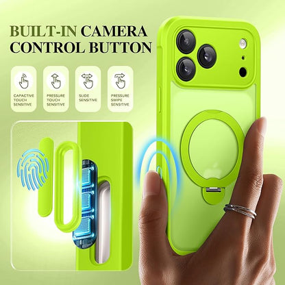 BERFY for iPhone 17 Pro Case, Compatible with MagSafe, Built in Privacy Screen Protector, Shockproof Full Body Phone Case for 17 Pro with Magnetic Stand, Translucent Bright Green