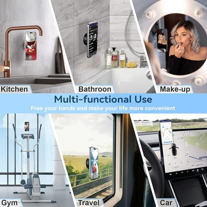 imluckies Magnetic Shower Mirror Phone Holder, Vacuum Suction Cup Phone Mount Compatible with Magsafe iPhone, Portable Mini Stand for TikTok/Selfies/Movies/Music/Gym/Bathroom/Kitchen, Black