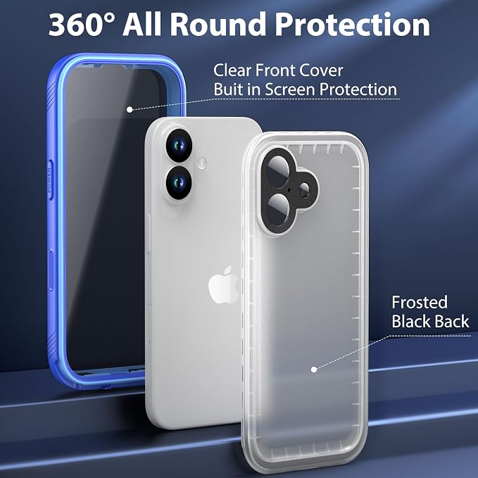 SPORTLINK for iPhone 17 Waterproof Phone Case - Built in Screen Protector/Shockproof/Military Rugged Dropproof/Dustproof/Heavy Duty Full Body, Protective Cover for iPhone 17 6.3 Blue/Frosted Clear