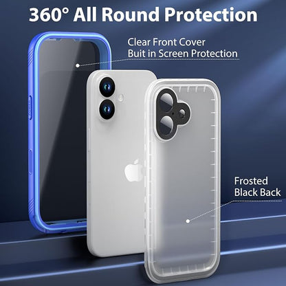 SPORTLINK for iPhone 17 Waterproof Phone Case - Built in Screen Protector/Shockproof/Military Rugged Dropproof/Dustproof/Heavy Duty Full Body, Protective Cover for iPhone 17 6.3 Blue/Frosted Clear