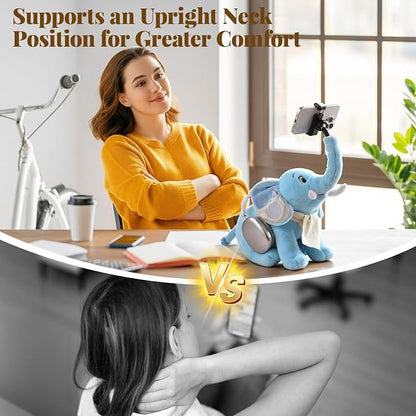 Phone Holder, Phone Mount with 360° Rotating Clip 45° Adjustable Trunk, Elephant Stuffed Animal with Ear Pockets Glasses Cloth Scarf & Back Headphone Fit, Cell Phone Holder for Desk Bed Sofa Car- Blue