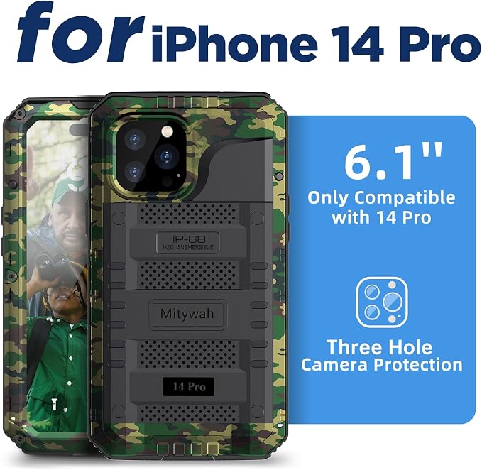 Mitywah Waterproof Case for iPhone 14 Pro, Heavy Duty Shockproof Case with Built-in Screen Protector, Full Body Underwater Protective Metal Case 6.1 inch, Camouflage