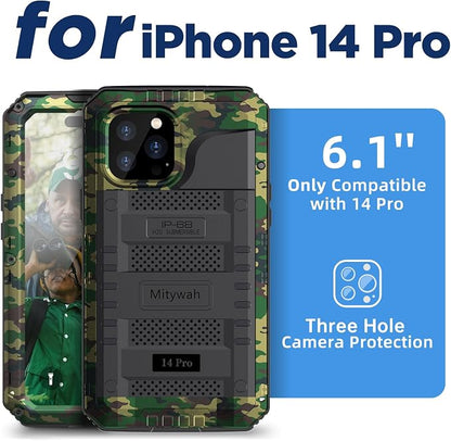 Mitywah Waterproof Case for iPhone 14 Pro, Heavy Duty Shockproof Case with Built-in Screen Protector, Full Body Underwater Protective Metal Case 6.1 inch, Camouflage