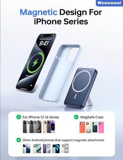for Magsafe Portable Charger, 10000mAh Wireless Power Bank with Stand and PD 20W, USB C Fast Charging Powerbank, Magnetic Battery Pack Compatible with iPhone 17/16/15/14/13/12 Pro Max - Dark Blue