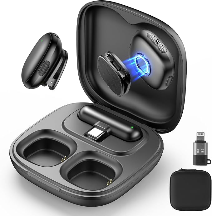 Wireless Lavalier Microphone for iPhone/Android, Lapel Mics with Lighting/USB-C Plug-Play, AI Noise Cancellation, 35H Battery Life, 164ft Range for Stream, Vlogging & Podcast, Magnetic Clip Mic