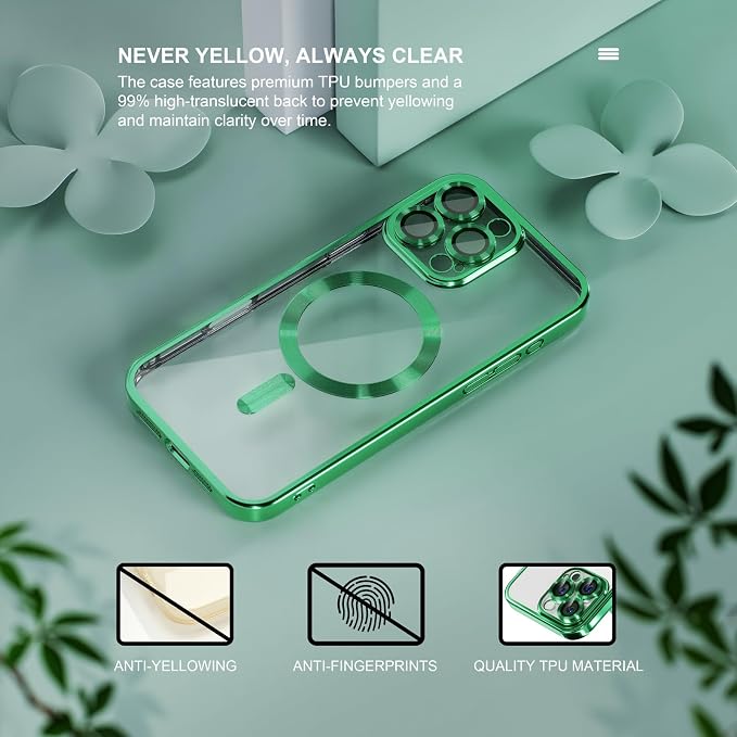 Misea Magnetic for iPhone 16 Pro Case Compatible with MagSafe [Never Yellowing] [Military Grade Drop Protection] Full Camera Lens Protector Plating Soft Clear Phone Case for Women 6.3", Green