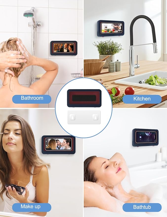 KUNSLUCK Shower Phone Holder, Waterproof Anti-Fog Touch Screen Case, Wall Mount for Bathroom Mirror & Bathtub, Compatible with 4.7"-6.8" Mobile Phones (Blue & Red)