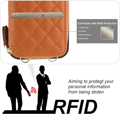 Bocasal Crossbody Wallet Case for iPhone 14, RFID Blocking PU Leather Zipper Handbag Purse Flip Cover, Kickstand Folio Case with Card Slots Holder Wrist Strap Lanyard 5G 6.1 Inch (Brown)