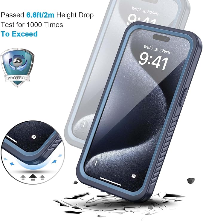 Lanhiem for 15 Pro Case, IP68 Waterproof Dustproof Shockproof Case with Built-in Screen Protector, Full Body Protective Heavy Duty Phone Cover for 15 Pro - 6.1 inch (Dark Blue)