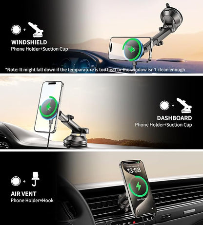 for MagSafe Car Mount Charger Dash/Windshield/Vent Wireless Car Charger with [LED Light], Strong Magnetic Phone Holder for Car for iPhone 17 16 15 14 13 12 Series, Fit MagSafe Accessories